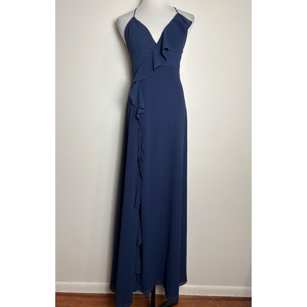 Luxxel Strappy Ruffle Wrap Maxi Dress Small Blue Flowy Boho Formal Bridesmaid